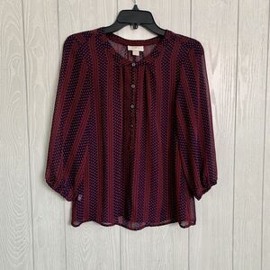 Loft Red Blue Stripe Dot Sheer Long Sleeve Blouse Size XS